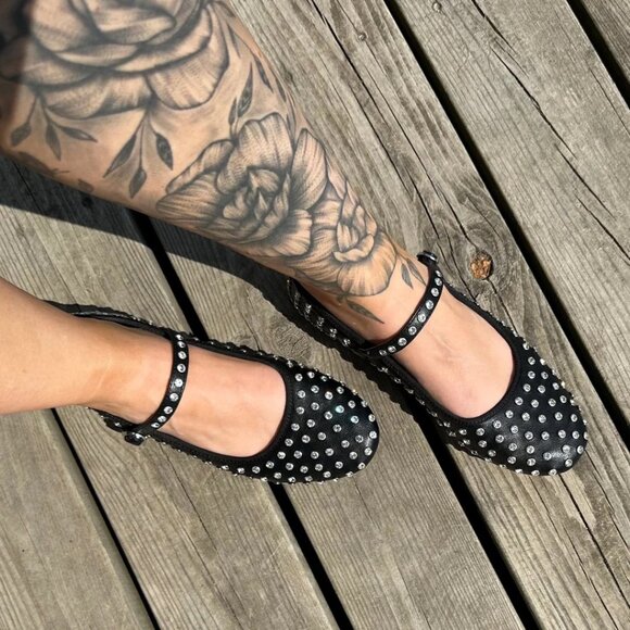 Steve Madden Vinetta Rhinestones Stud Black Mary Jane Ballet Flats - Picture 9 of 16